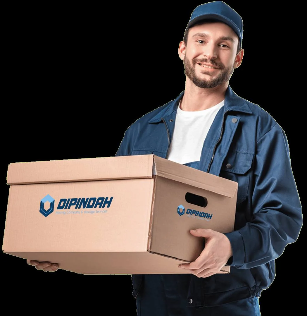 Interstate moving specialist holding cardboard moving box