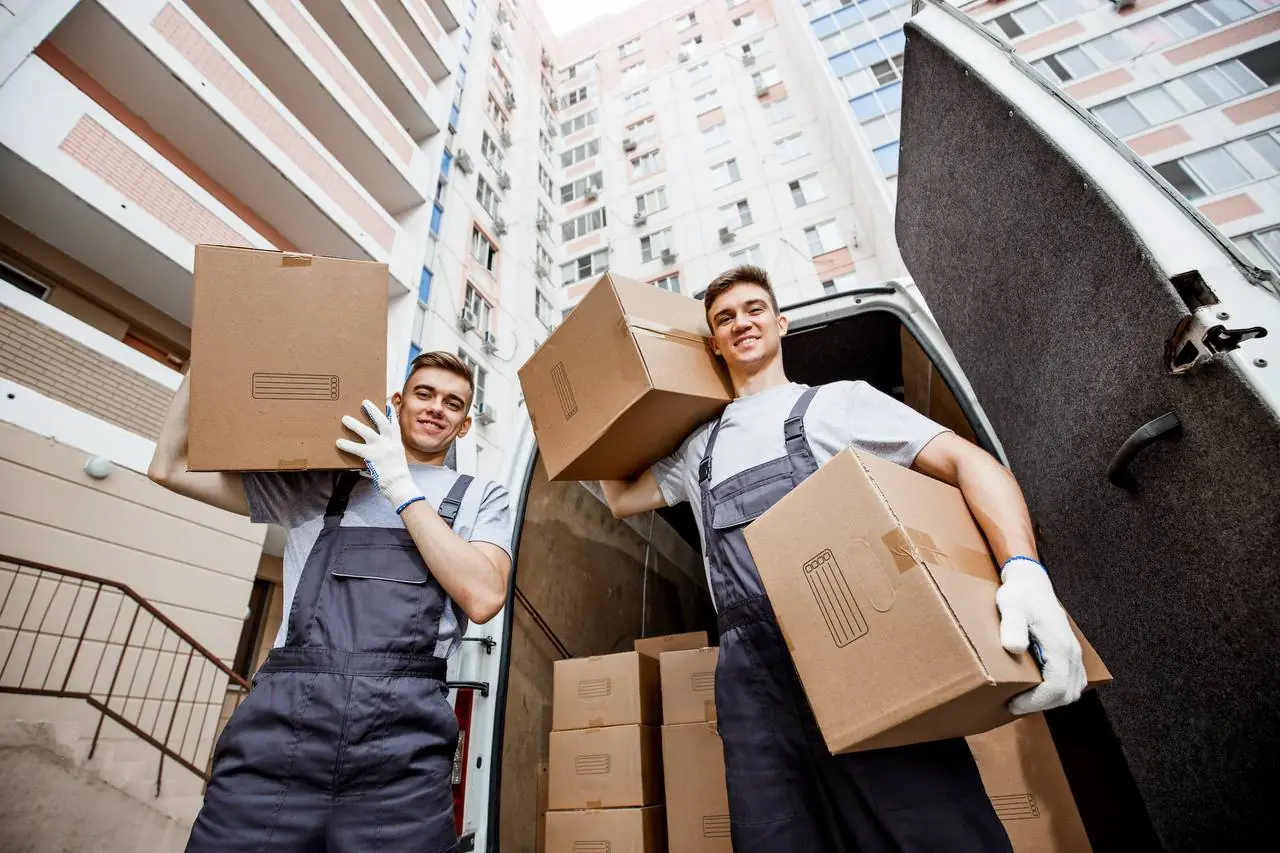 Two professional movers unloading boxes from van in Cary, NC